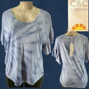 C&C California L Blue Tie-Dye Soft V-Neck Rayon Blend Ruffle Short Sleeve Tee